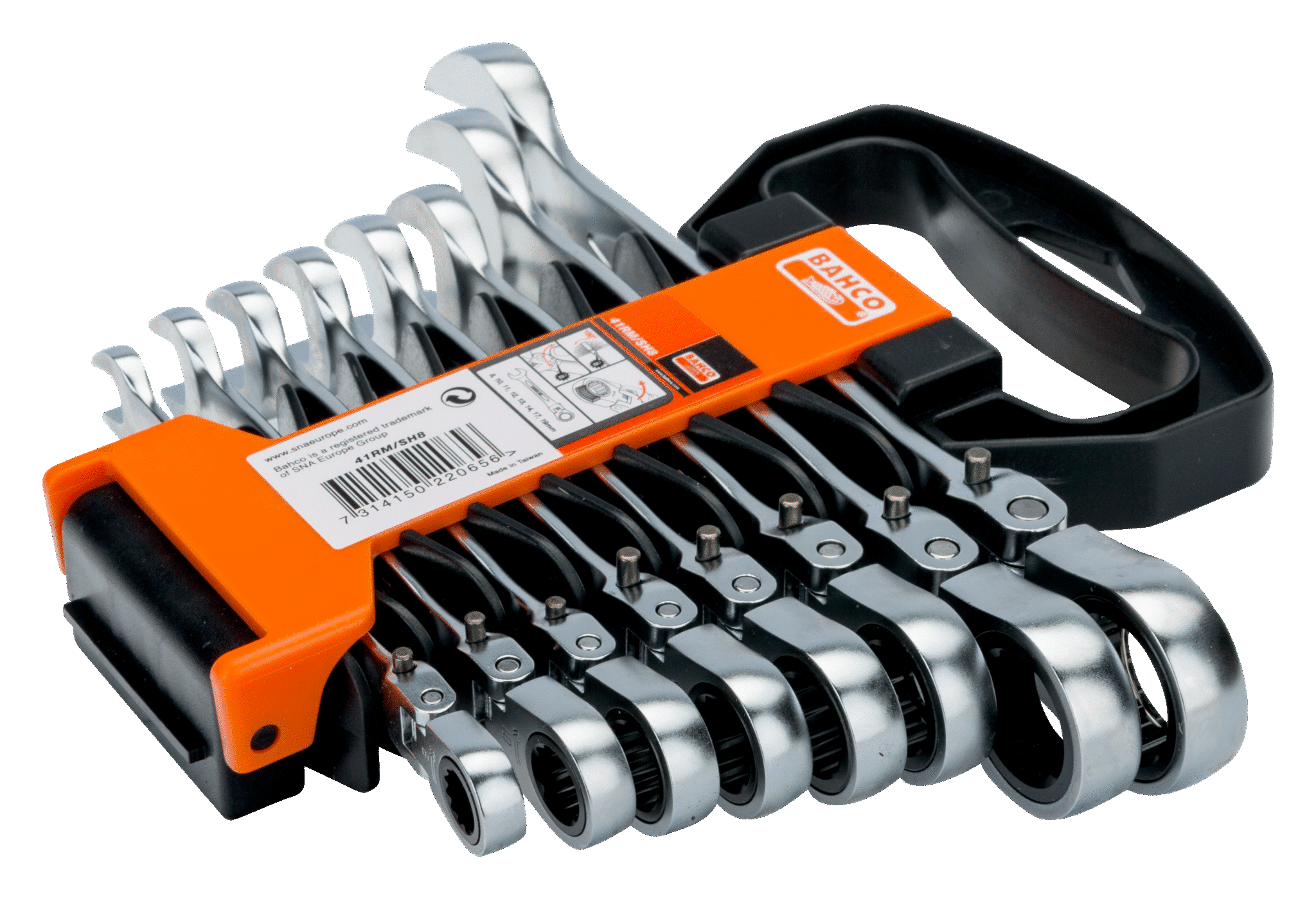 BAHCO 41RM/SH8 Swivel Head Combination Ratcheting Wrench Set - 8 Pcs/Plastic Holder